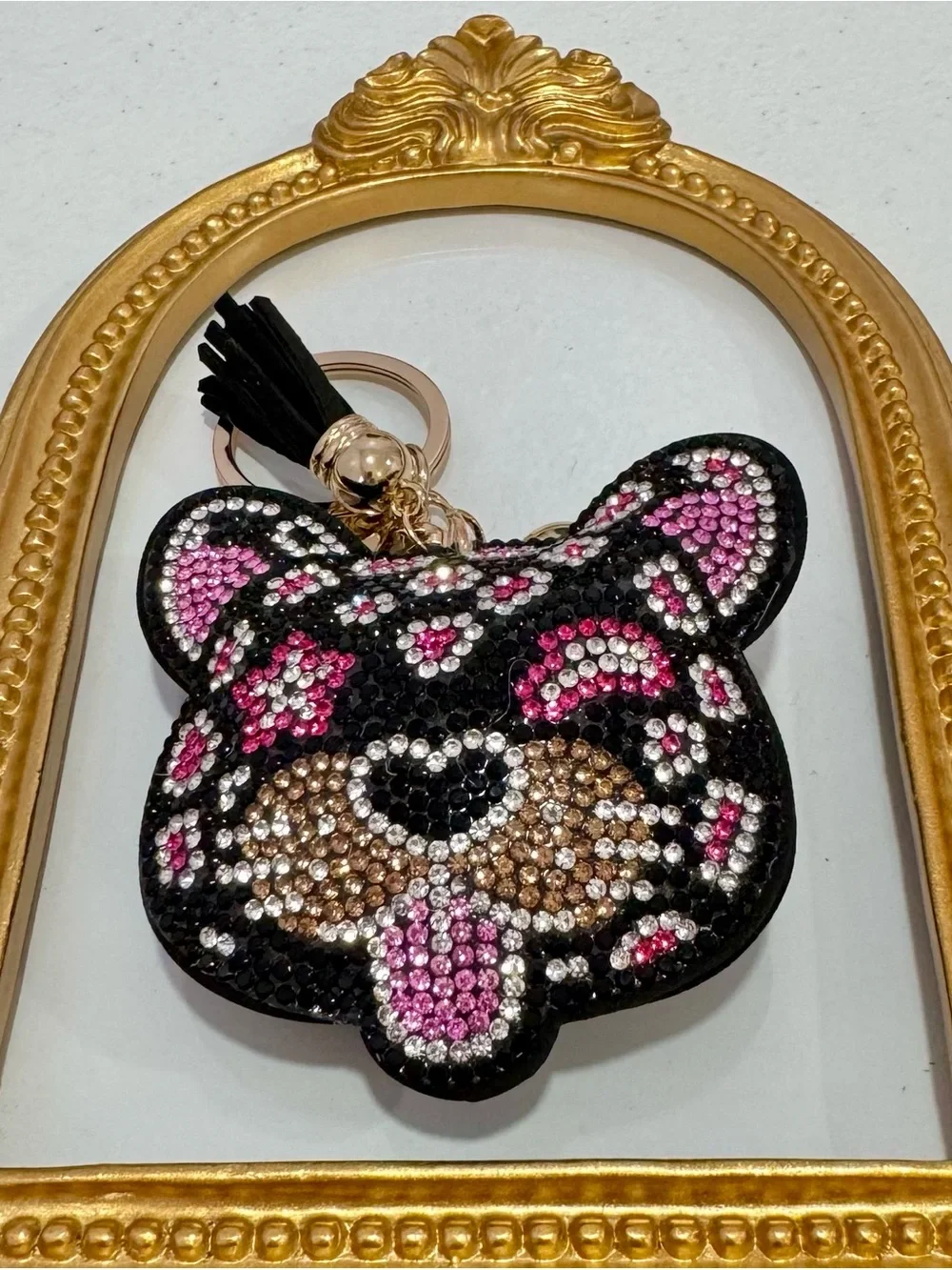 New Black Rhinestone Leopard Face Keychain